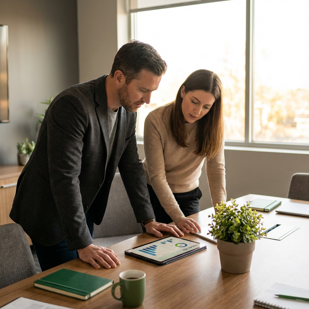 Independent Solar | Solar Dealer Program Arizona Join Independent Solar Team Now Photorealistic close-up of a dealer meeting with a commercial property manager, tablet showing project ROI charts, warm na...