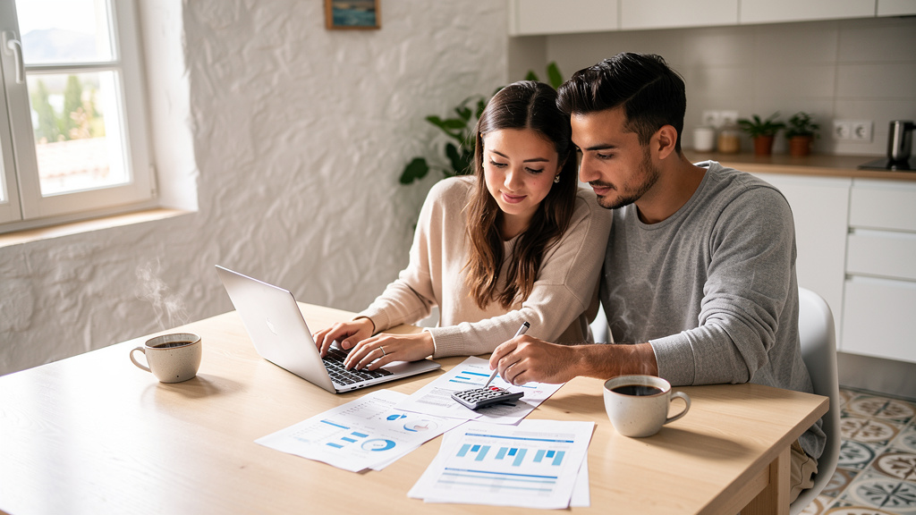 Pareja planificando presupuesto para comprar vivienda