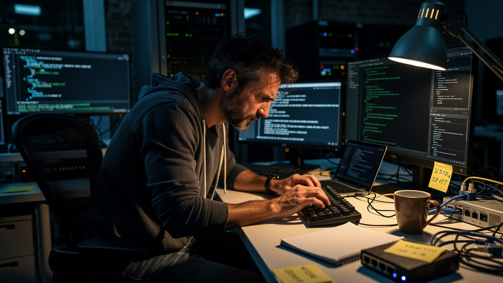 IT engineer working late troubleshooting network issues