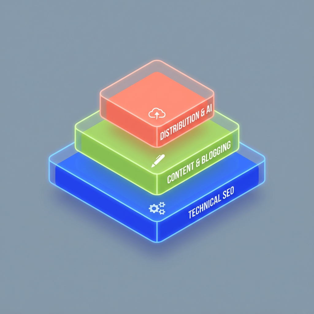 In-content diagram, modern isometric infographic showing 3 stacked layers: 'Technical SEO' at bottom, 'Content & Blogging'...