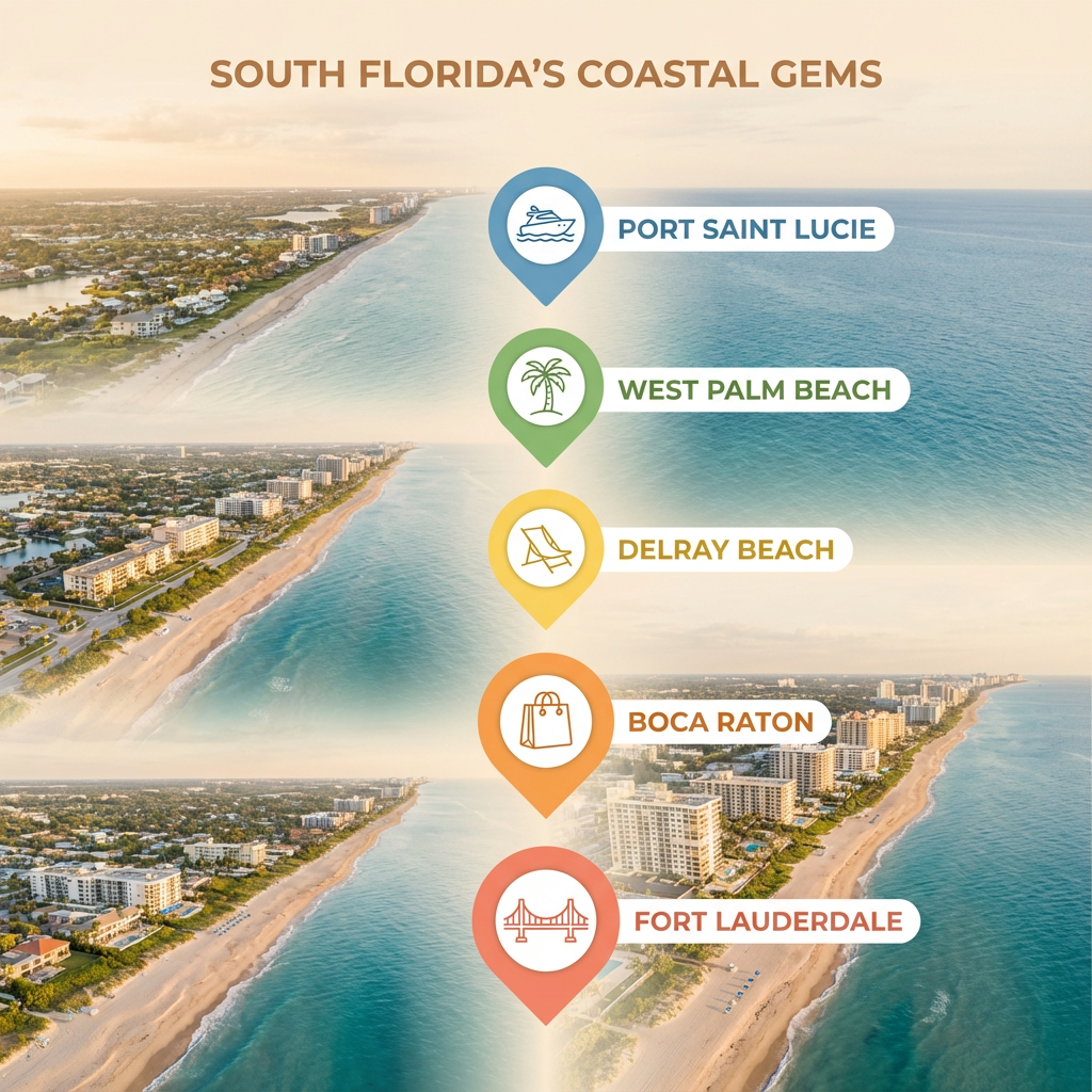 Photorealistic mid-article aerial collage showing a stretch of South Florida coastline with labeled markers for West Palm ...