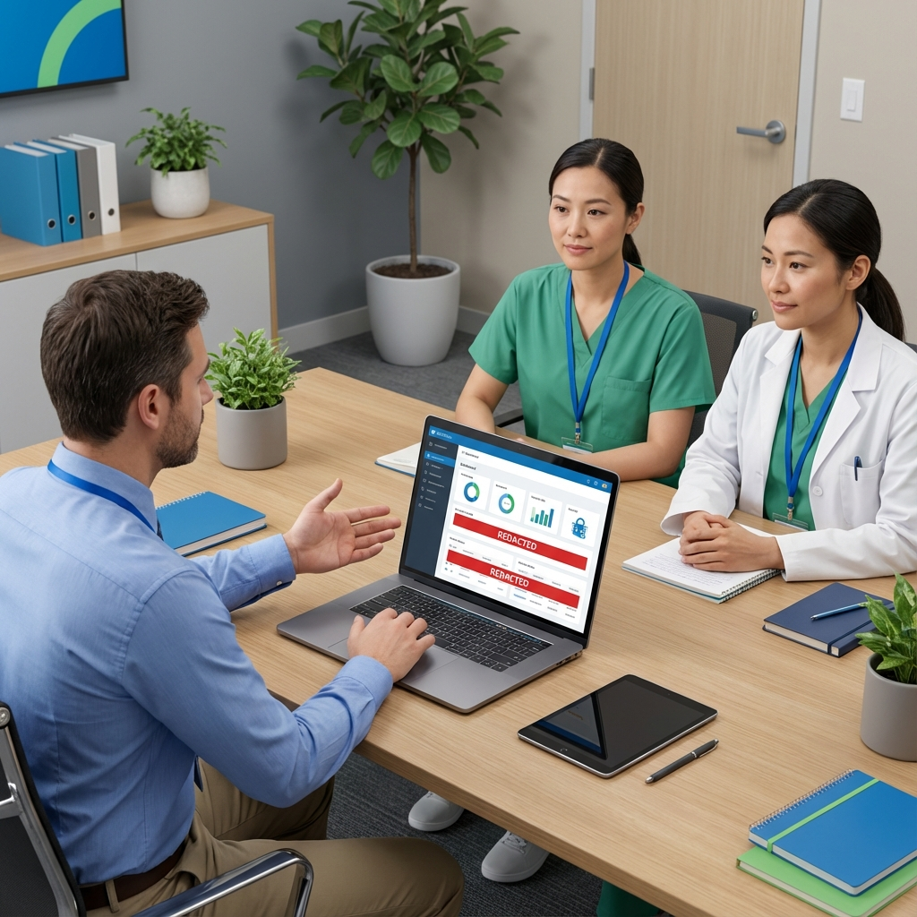 Network System Solutions | HIPAA Compliance Requirements for Small Business in Arizona. Photorealistic in-office scene showing an IT specialist conducting a security assessment with a small clinic team, close-u...