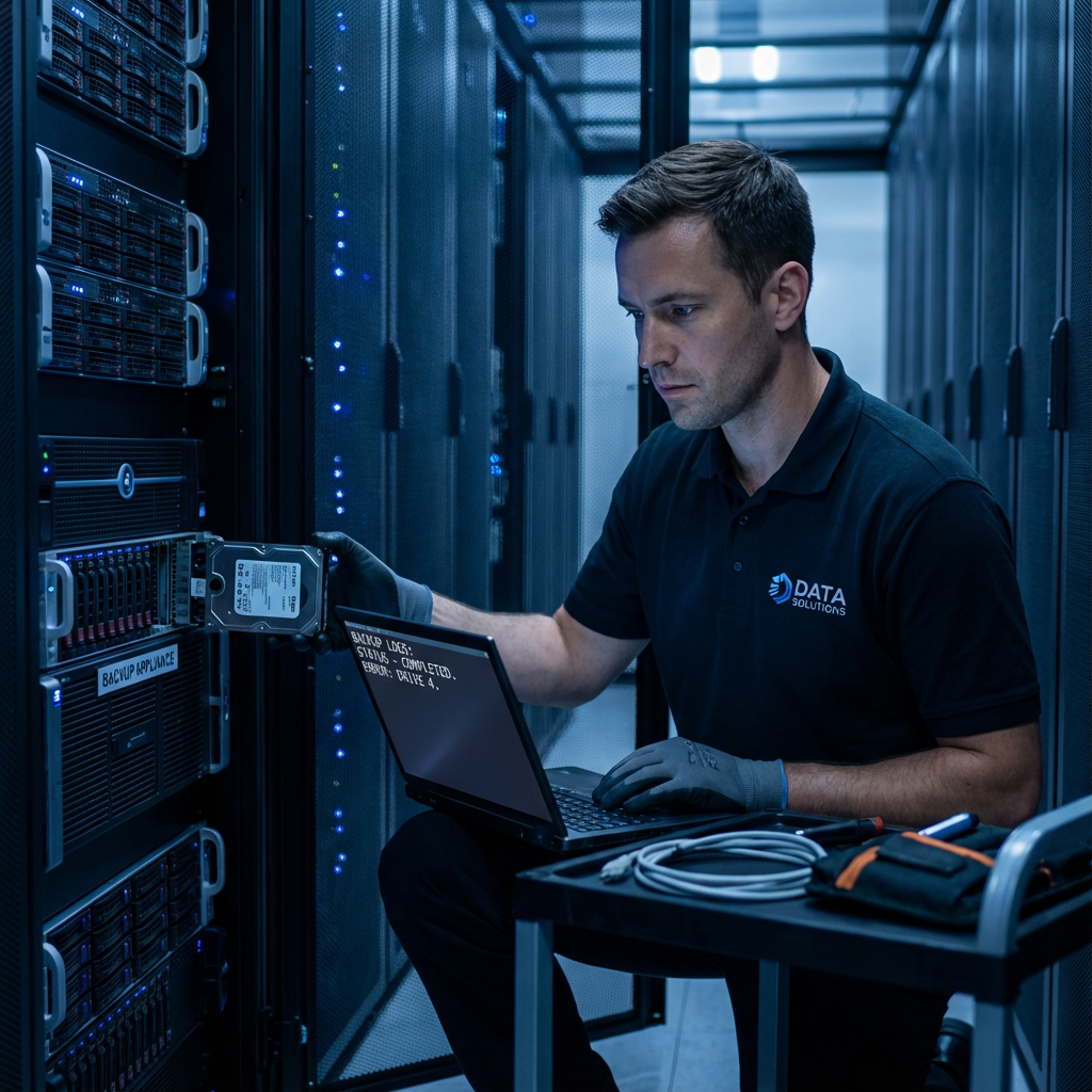 Network System Solutions | Why Is My Business Backup Failing: Causes and Fixes in Arizona Photorealistic mid-article shot of an IT technician working beside a rack-mounted backup appliance and a laptop showing ba...