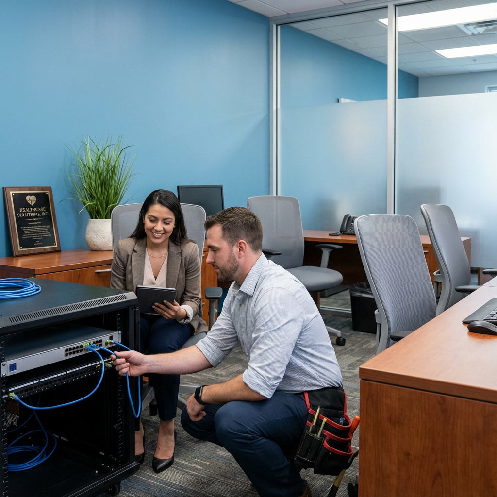 Photorealistic mid-article shot of a small business office scene, an IT technician configuring a network switch while a pr...