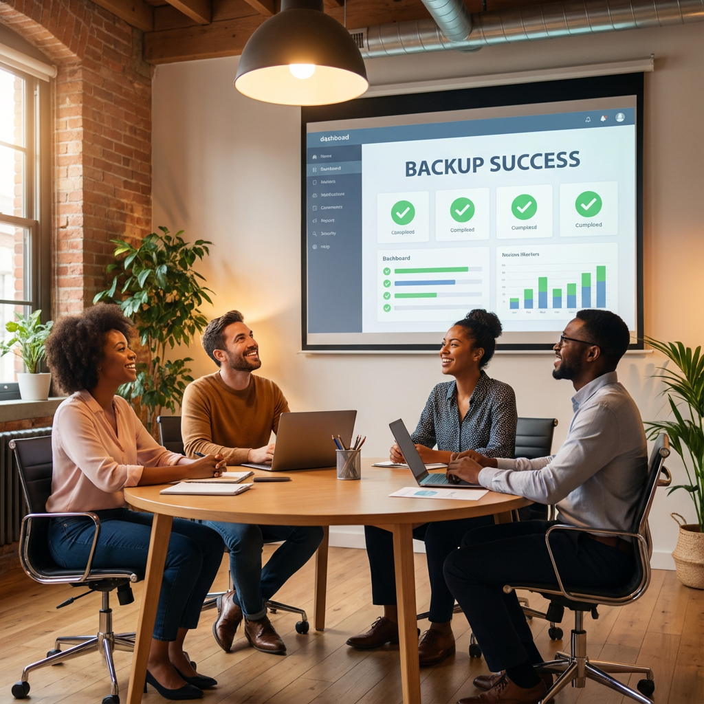 Network System Solutions | Why Is My Business Backup Failing: Causes and Fixes in Arizona Photorealistic closing image of a calm small business team gathered around a conference table viewing a projected dashboar...