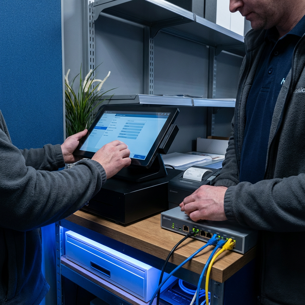 Network System Solutions | Secure Retail POS Systems: Protecting Your Arizona Store Now. Photorealistic mid-page image of a technician configuring a POS terminal and a network appliance inside a small retail bac...