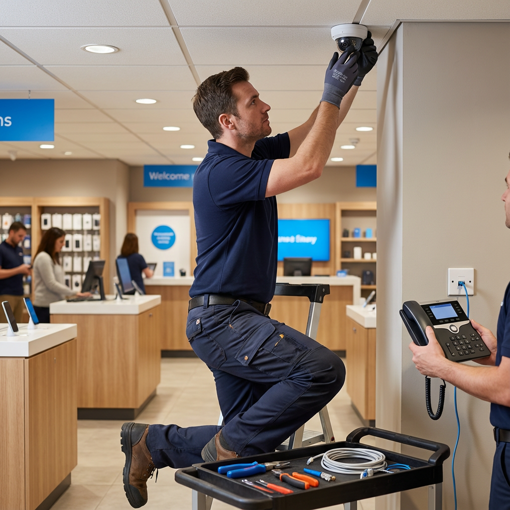Photorealistic mid-shot of a technician installing a VoIP handset and adjusting a camera on an office ceiling in a retail ...