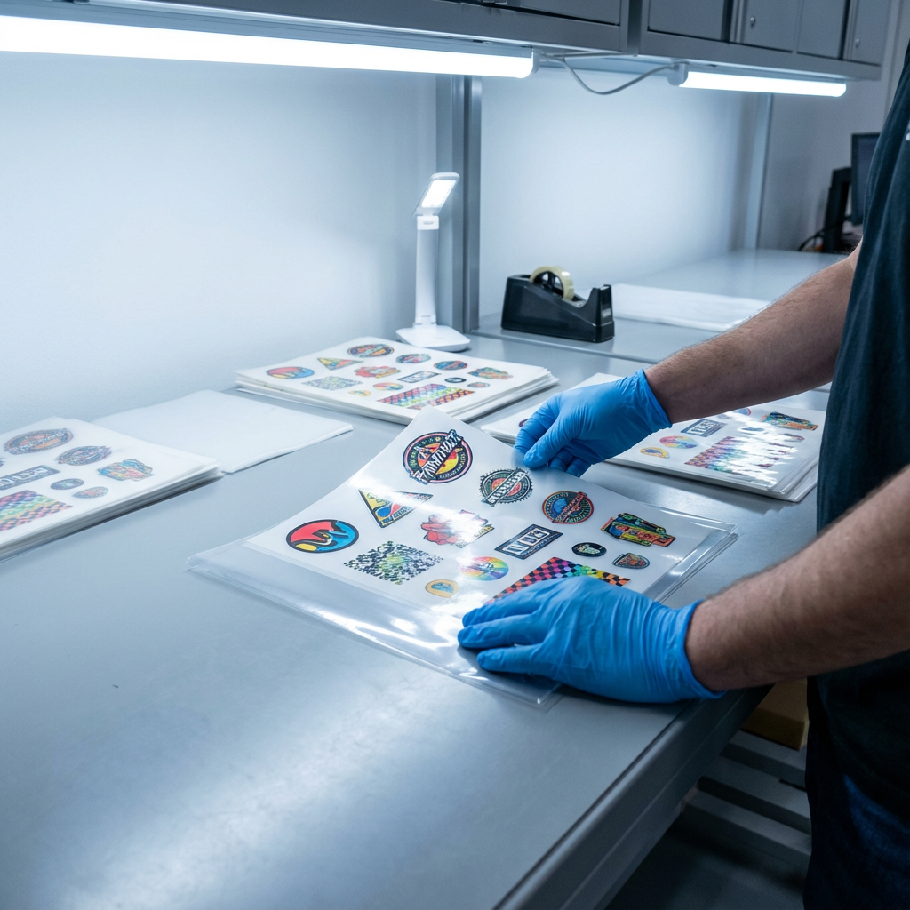 Close-up photograph of a worker carefully inspecting glossy DTF transfer sheets and placing them in a protective sleeve. P...