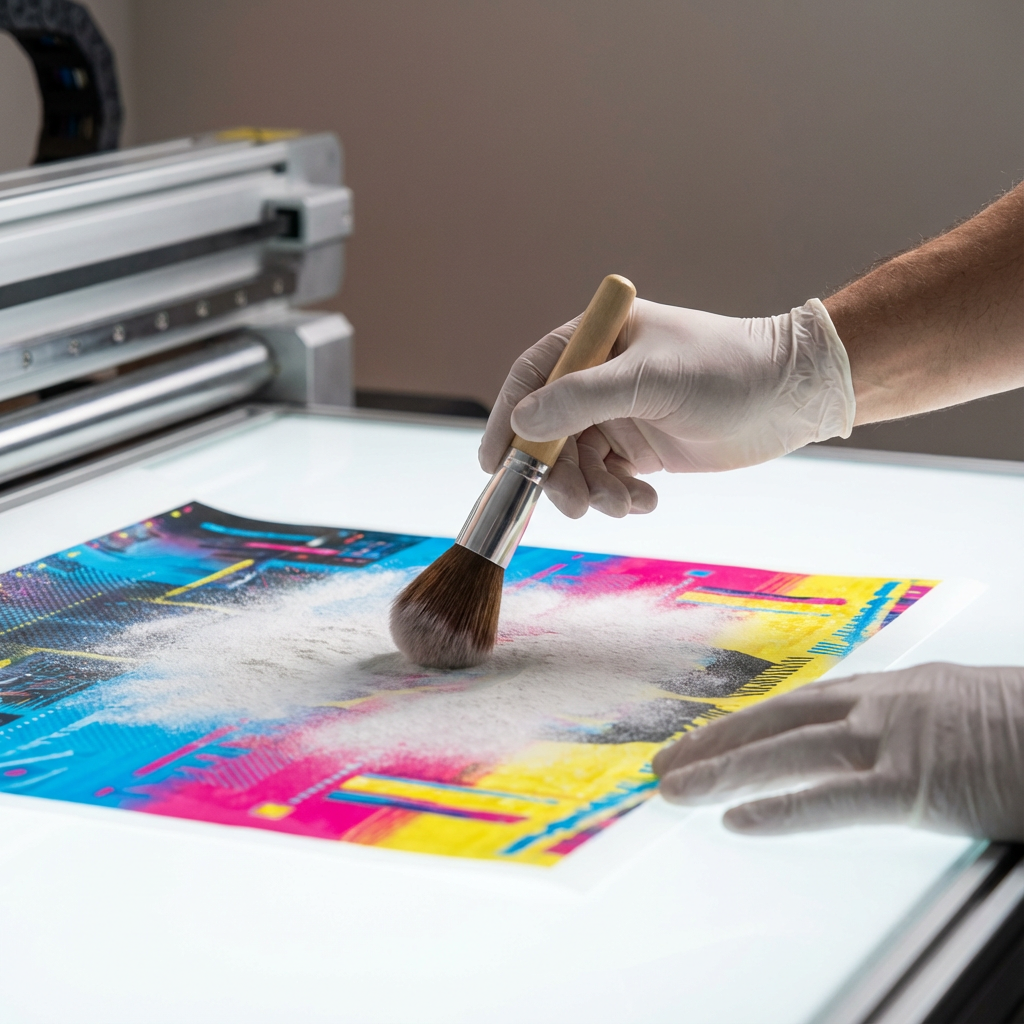 Close-up photorealistic shot of a technician applying powder to a DTF print on film, showing bright colors and powder text...