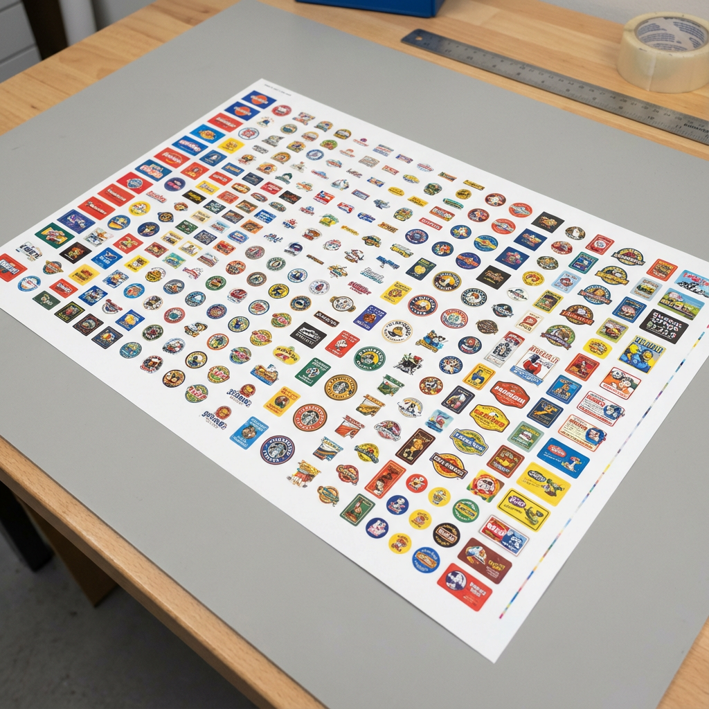 Close-up overhead shot of a printed gang sheet showing multiple small designs tiled tightly for maximum yield, photorealis...