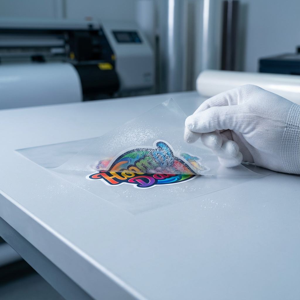 Photorealistic close-up of a DTF transfer being peeled from its carrier film on a clean workbench. Focused, high-detail sh...