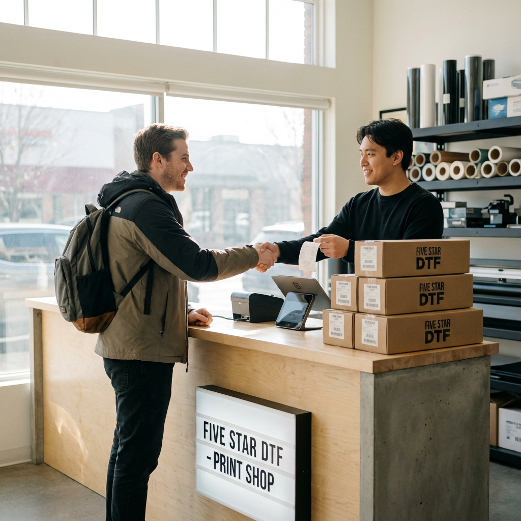 Photorealistic scene of a customer picking up a packaged order at Five Star DTF counter inside a modern print shop. Warm, ...