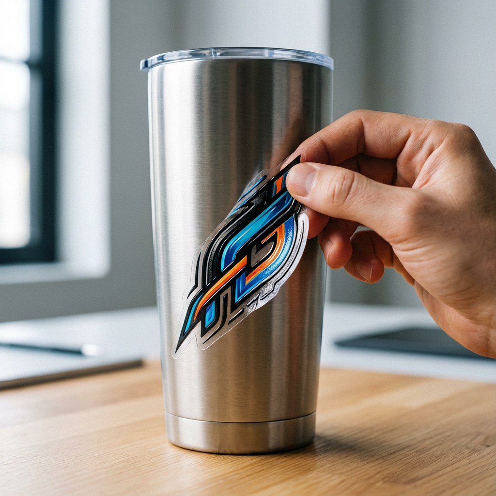 Photorealistic mid-shot of a hand applying a UV DTF sticker to a stainless tumbler, showing fine detail and raised gloss t...