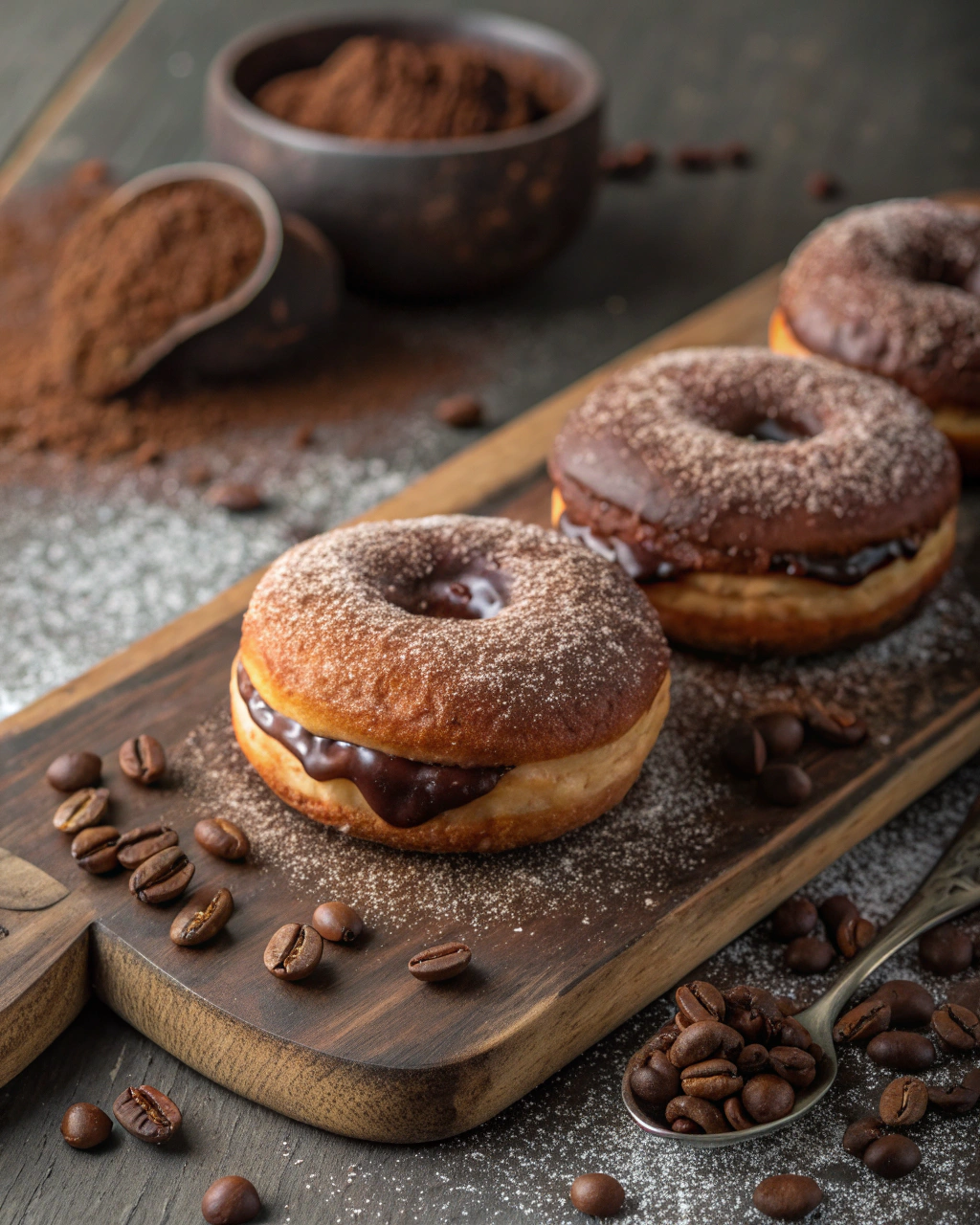 Chocolate brioche donuts with espresso sugar ingredients arranged on marble surface with measuring cups and bowls