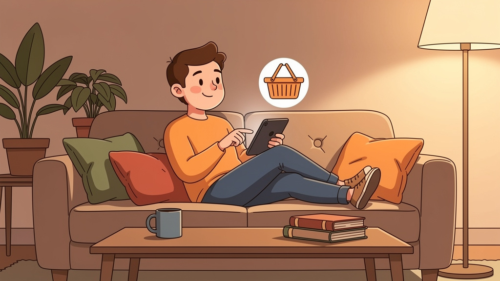 Customer browsing cannabis products online from sofa