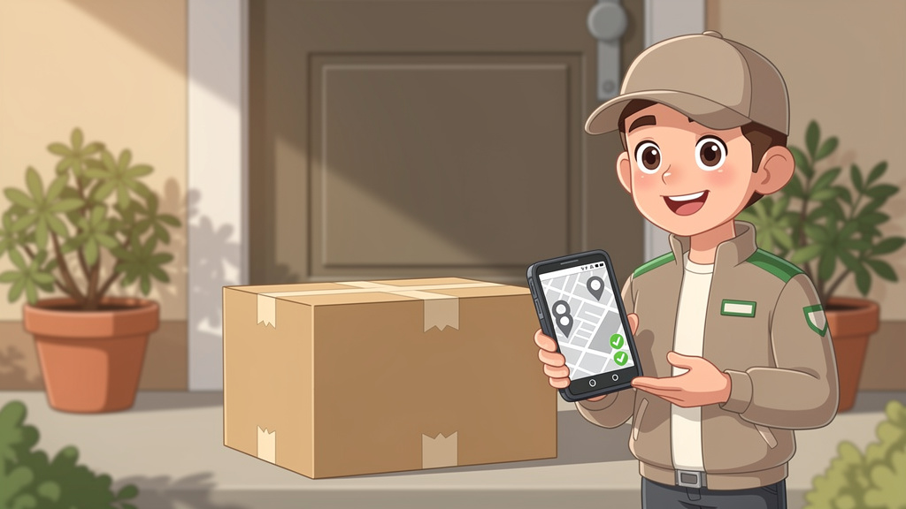 Cartoon courier delivering plain package with tracking device