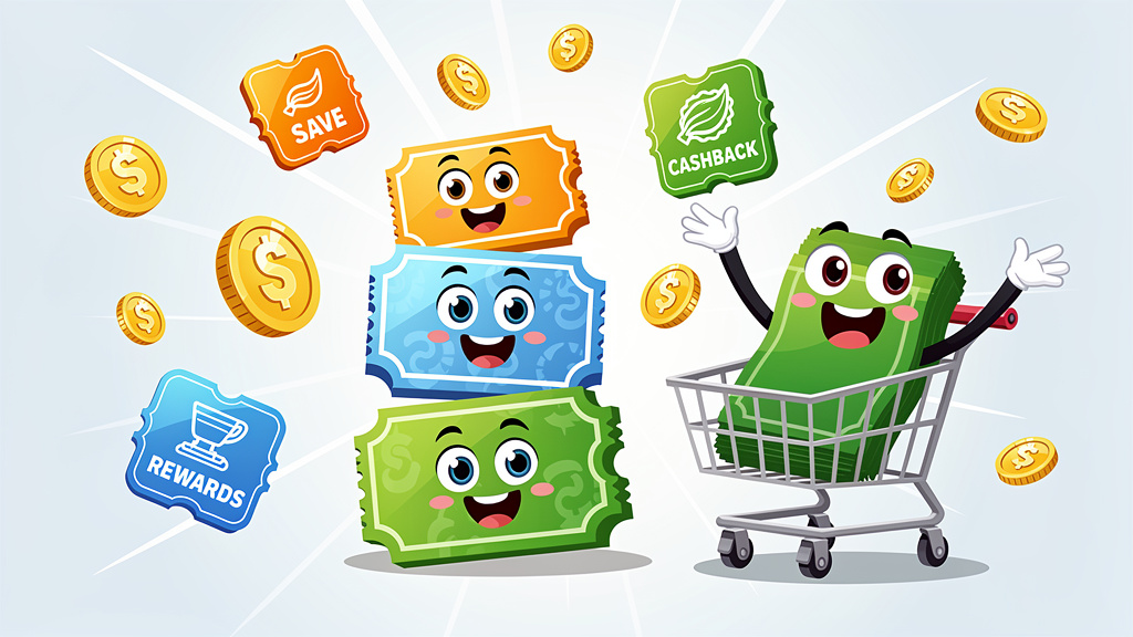 Cartoon vouchers and cashback symbols stacking together