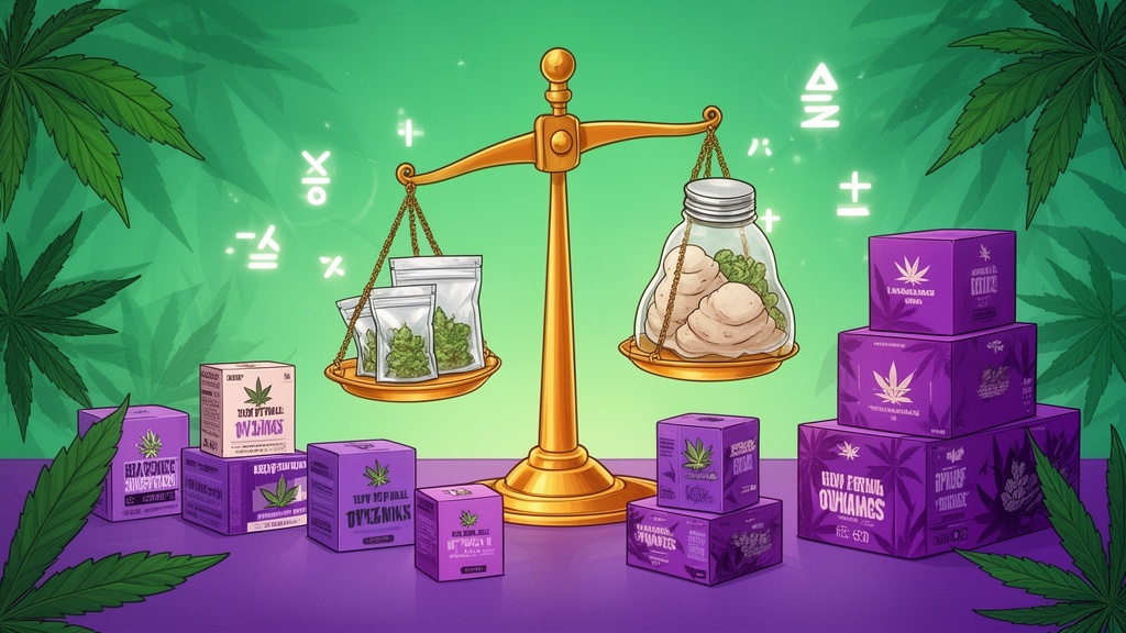 Cartoon illustration comparing cannabis package sizes and values