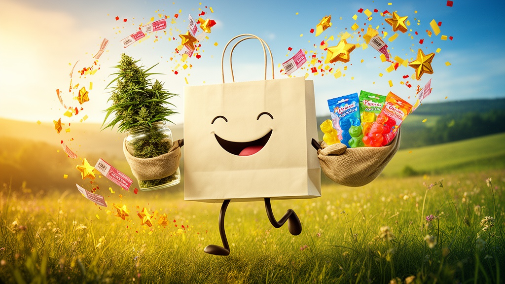 Cartoon character with shopping bag and cannabis rewards