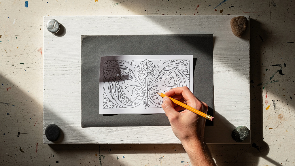 Design transfer process using graphite paper on wood