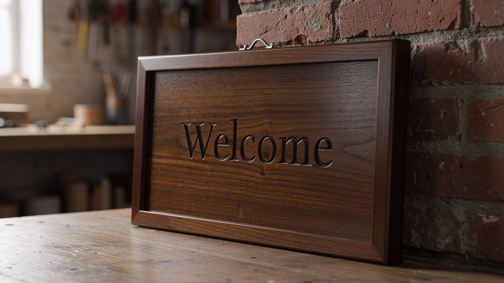 Completed wooden sign with frame and protective seal