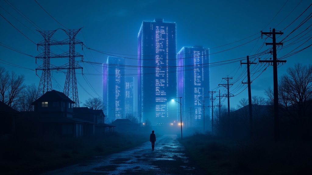 Vista de un enorme centro de datos de IA con luces indicando su alto consumo energético