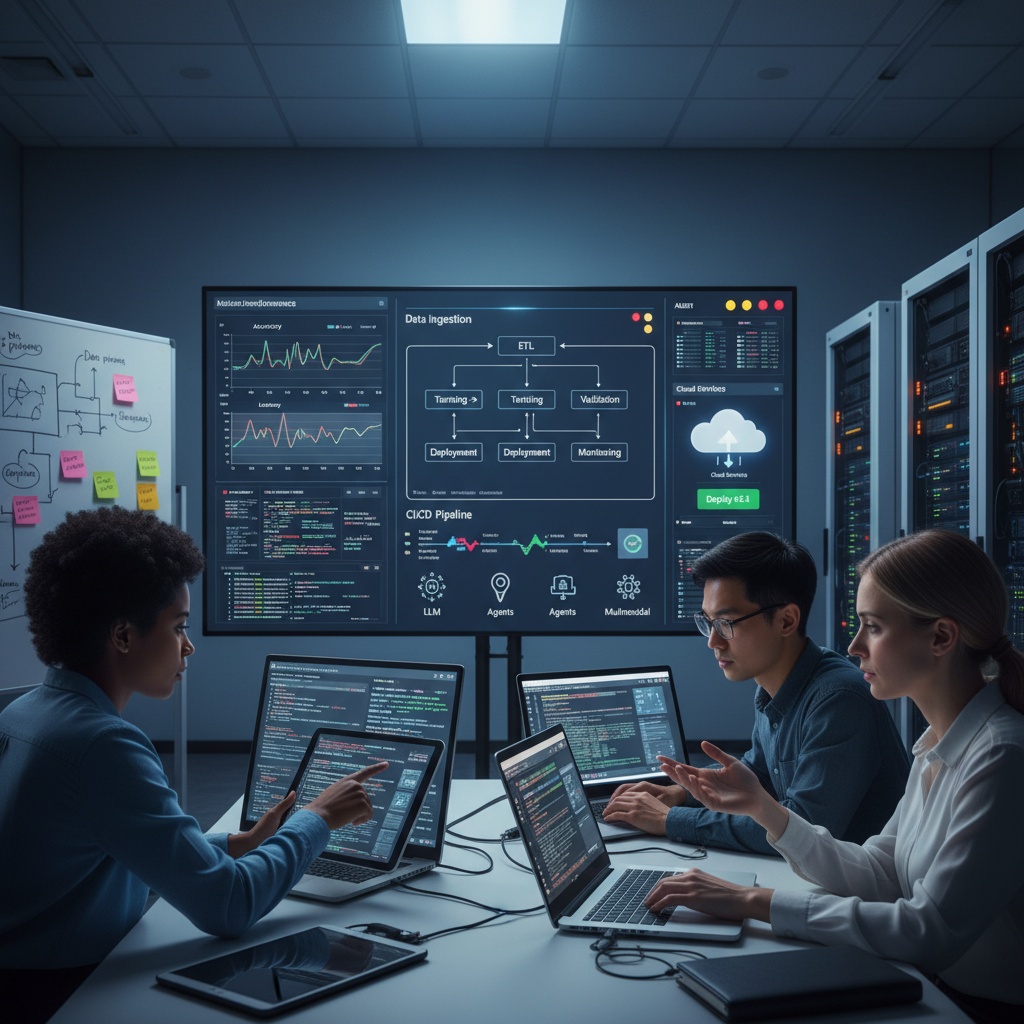 Photorealistic scene of an AI engineering operations room showing the deployment and monitoring of an AI system. Foreground: three diverse engineers (a Black woman, an East Asian man, and a white woman) collaborating around a table with open laptops and a tablet displaying code and logs. Midground: a large wall monitor with clear, labeled dashboards — model performance graphs (accuracy/latency), a data-pipeline flowchart labeled “Data Ingestion → ETL → Training → Validation → Deployment → Monitoring,” a CI/CD timeline, a green “Deploy v2.1” button, and alert badges. Include small icons and labels for “LLM,” “Agents,” and “Multimodal.” Right side: a rack of servers with a cloud service icon and a status LED panel. Left side: a whiteboard with architecture sketches and sticky notes titled “Data pipelines,” “Model lifecycle,” and “Governance.” Lighting: cool, professional, high-tech with soft overhead lights and screen glow. Camera: wide-angle, eye-level, sharp focus, high resolution, realistic textures, natural human expressions of focus and collaboration. Aspect ratio: 16:9.