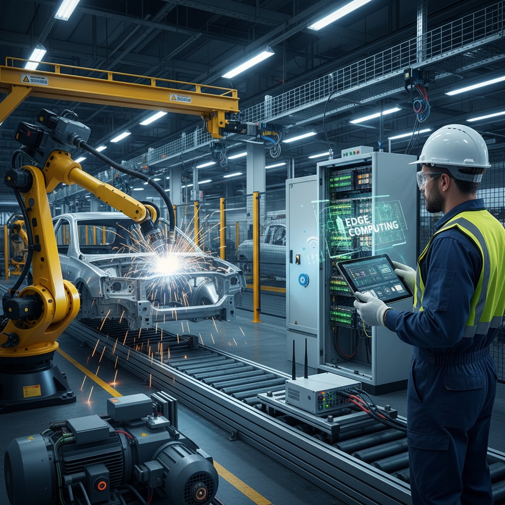 Photorealistic interior of an automotive factory floor showing the convergence of intelligent and industrial automation: foreground left – a yellow robotic welding arm actively welding a car chassis on a conveyor, sparks visible; foreground right – a technician in safety gear (hard hat, hi-vis vest) holding a tablet with a clear, readable AI dashboard, and wearing lightweight AR glasses that display translucent realtime charts and an "edge computing" icon; midground – a metal PLC cabinet with labeled modules and glowing green/yellow status LEDs, and an industrial edge gateway device with visible ethernet cables and antenna; background – additional robotic cells, safety fencing, and overhead cable trays; visible IoT vibration and temperature sensors attached to machines. Lighting: cool industrial tones with warm welding sparks for contrast; composition: wide-angle, eye-level view, rule-of-thirds framing (robot arm left, technician right), high detail and realism, no abstract elements, no text overlays.