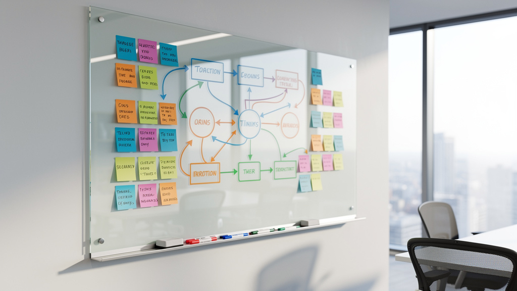 Visual workflow planning on whiteboard in modern office