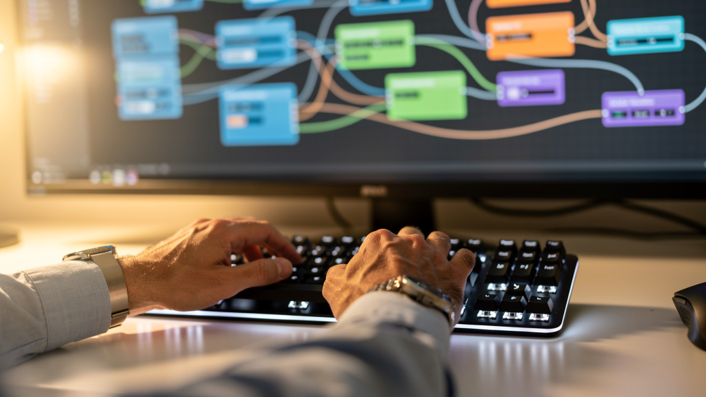 Hands working on n8n LinkedIn visual workflow automation interface
