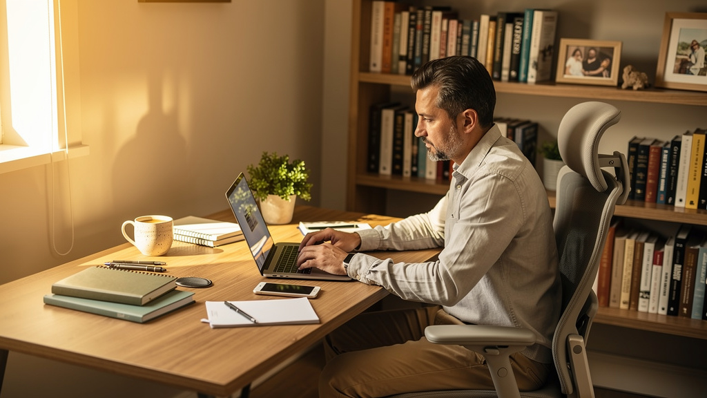 Entrepreneur managing business automation from home office