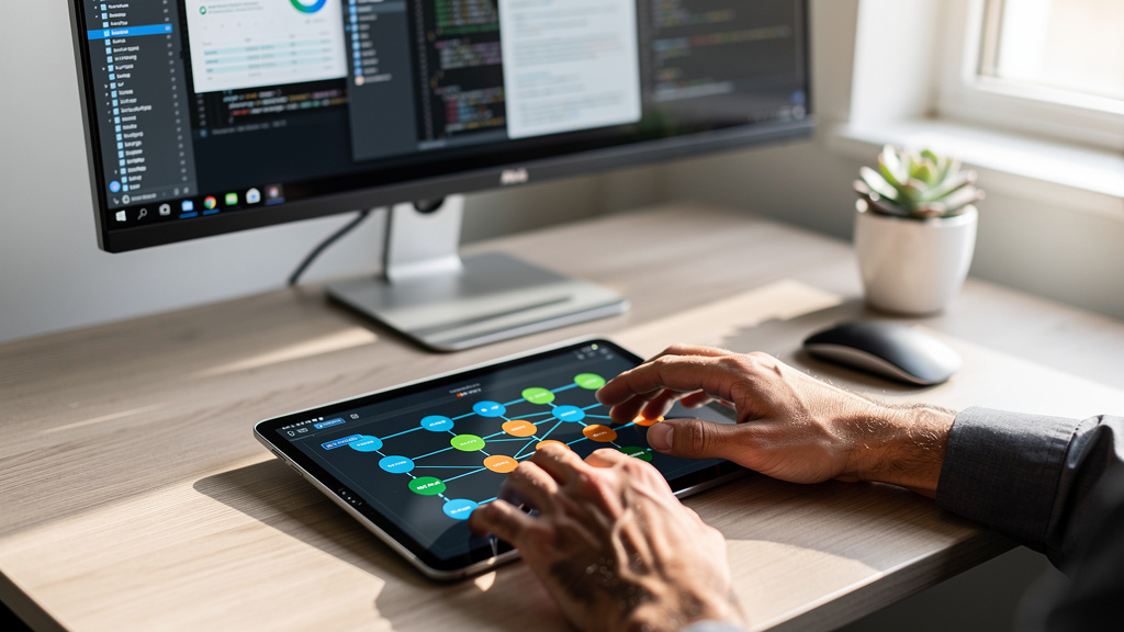 User working with visual workflow builder on tablet