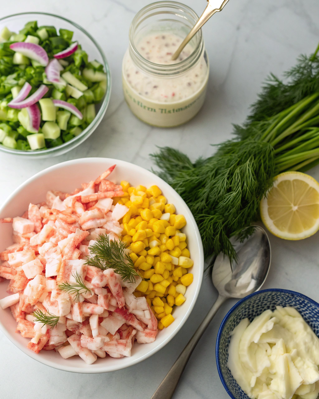 Fresh ingredients for creamy crab-style seafood salad arranged on marble surface including imitation crab, celery, corn, and herbs
