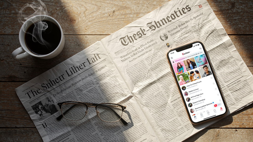 Newspapers and smartphone showing media consumption blend