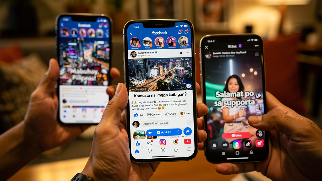 Multiple smartphones showing active social media platforms in Philippines