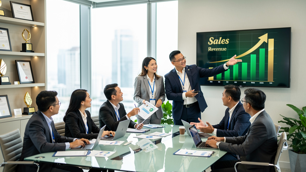 Marketing team reviewing successful campaign performance and results