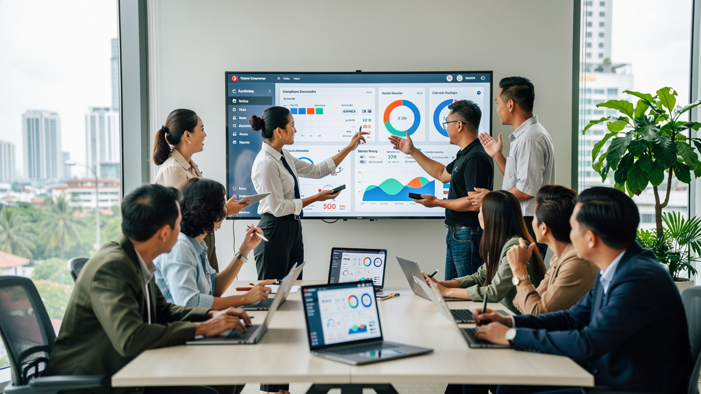 Marketing team reviewing AI-driven campaign performance metrics together