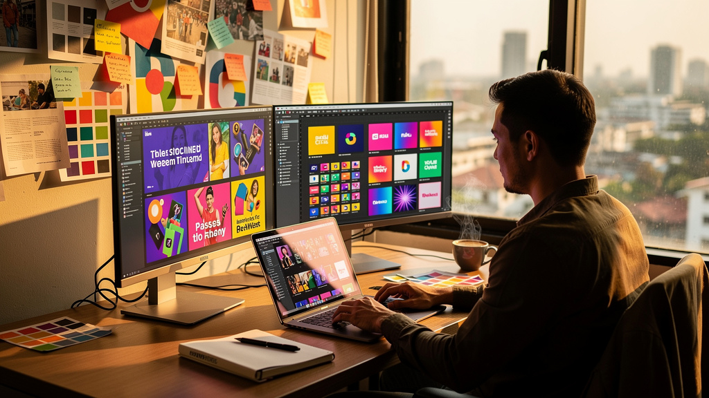 Designer creating engaging social media content and brand assets