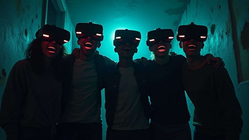 Grupo de jugadores con gafas VR en el escape room de terror de Virtua Barcelona