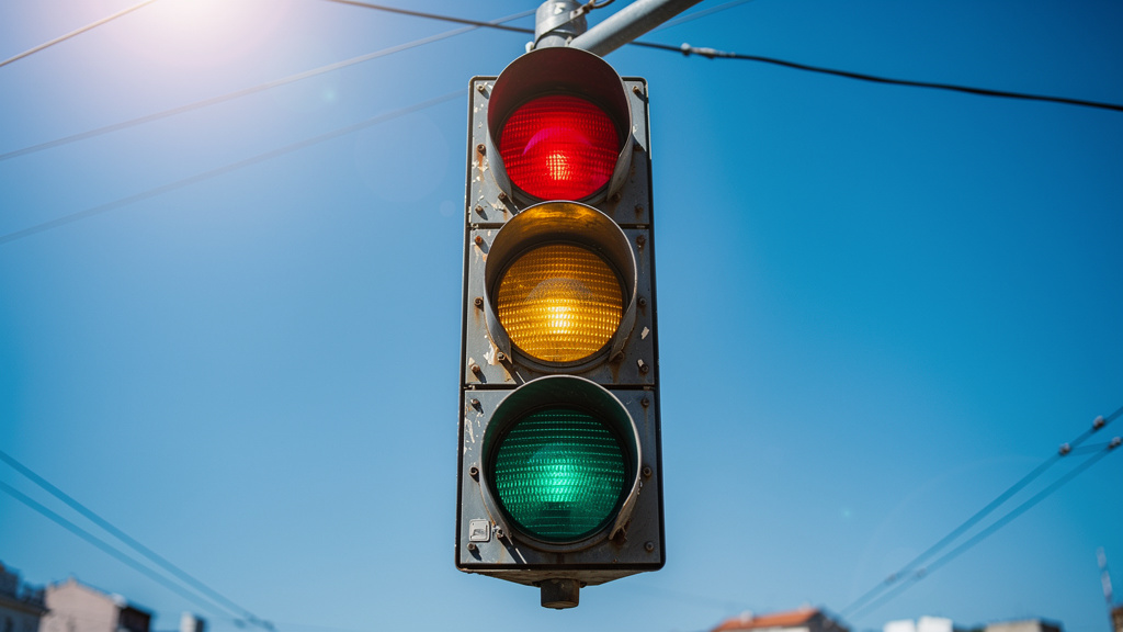 Traffic light against blue sky showing safety colors