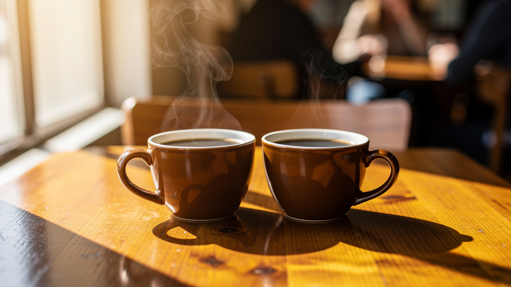 Two coffee cups on café table suggesting conversation