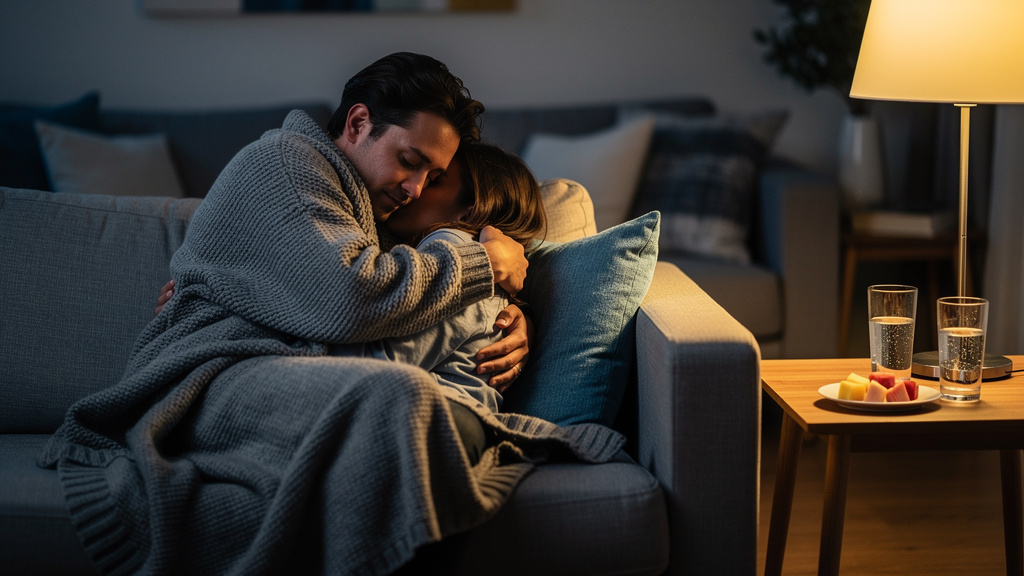 Two people embracing in blanket showing aftercare support