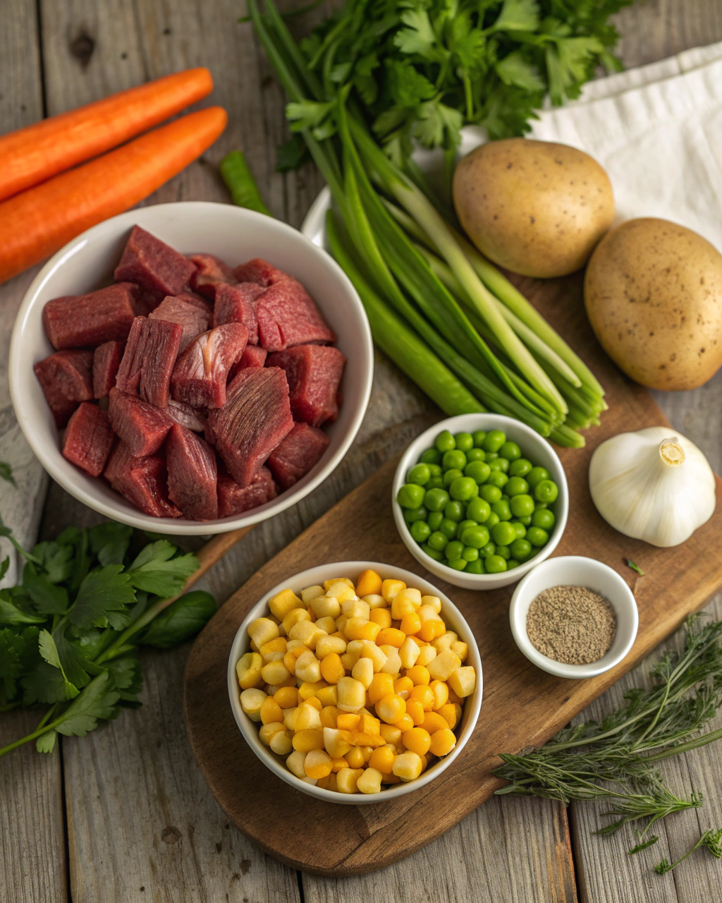 Fresh ingredients for hearty beef and vegetable soup arranged on rustic wooden cutting board