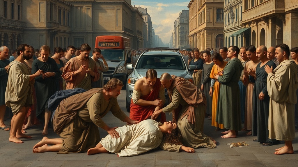 Allegorical scene of urban accident and compassion