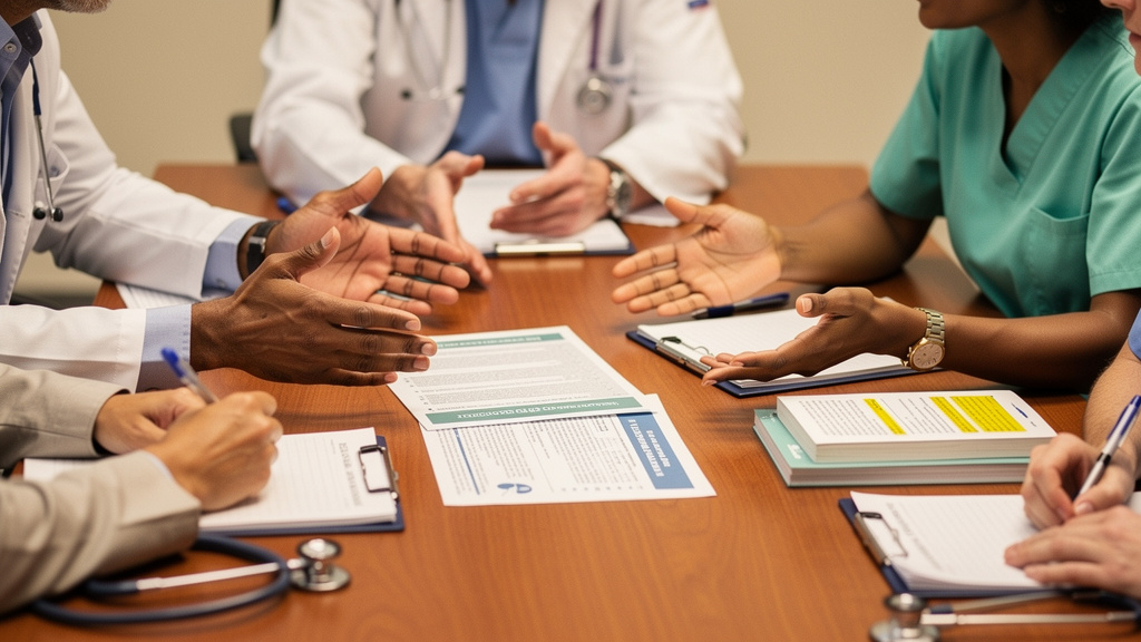 Medical professionals reviewing clinical assessment materials collaboratively