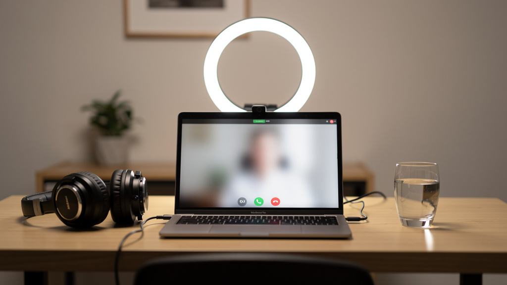 Professional home office setup for online medical interview