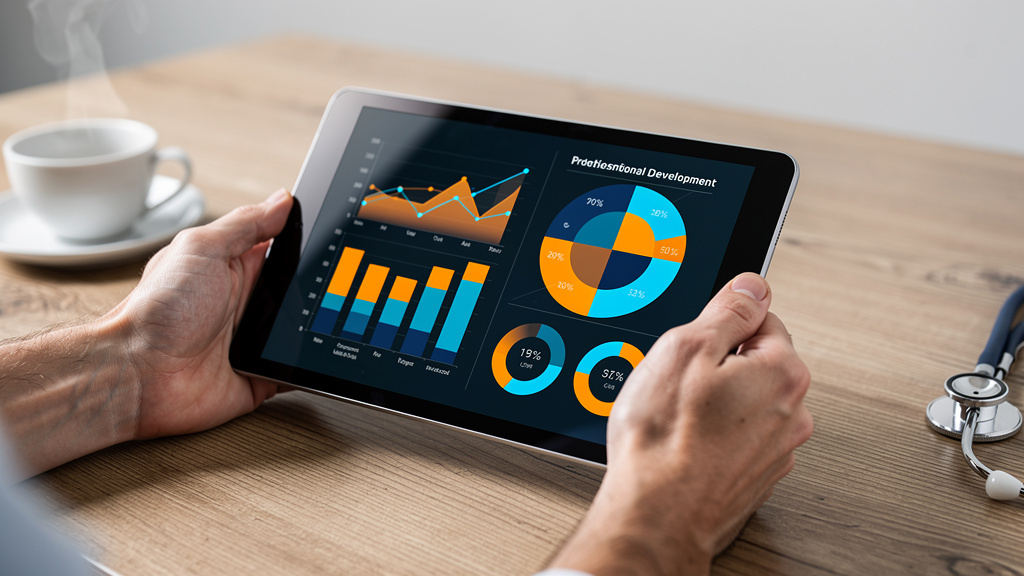 Doctor reviewing digital CPD learning progress on tablet