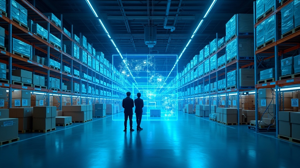 Empleado de retail usando tecnología móvil avanzada con IA