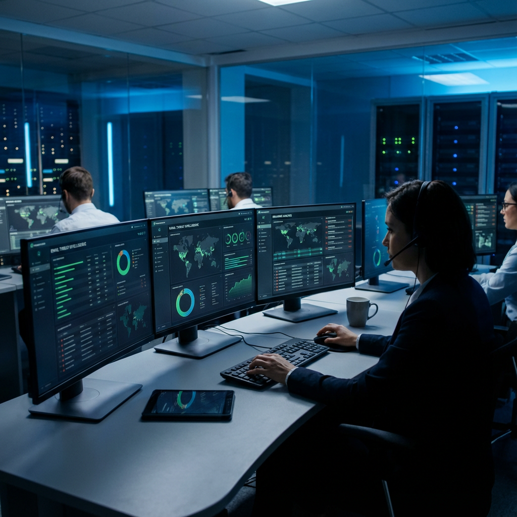 Photorealistic close-up of a security operations desk monitoring email threat dashboards, a team member analyzing alerts o...