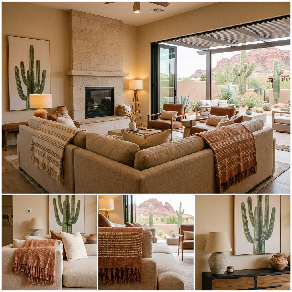 Photorealistic interior of a modern southwestern vacation rental living room, warm lighting, cactus art, comfortable seati...